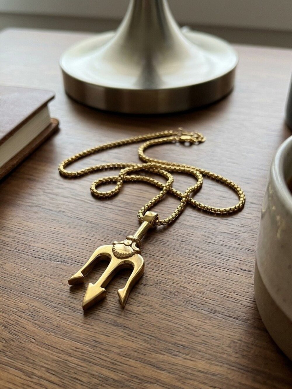 Mens Poseidon Trident Necklace Gold Tone Stainless Steel Greek Pendant 24in